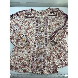 Lucky Brand Womens 2X Peasant Top Boho Paisley Beaded Tassel Blouse Burgundy